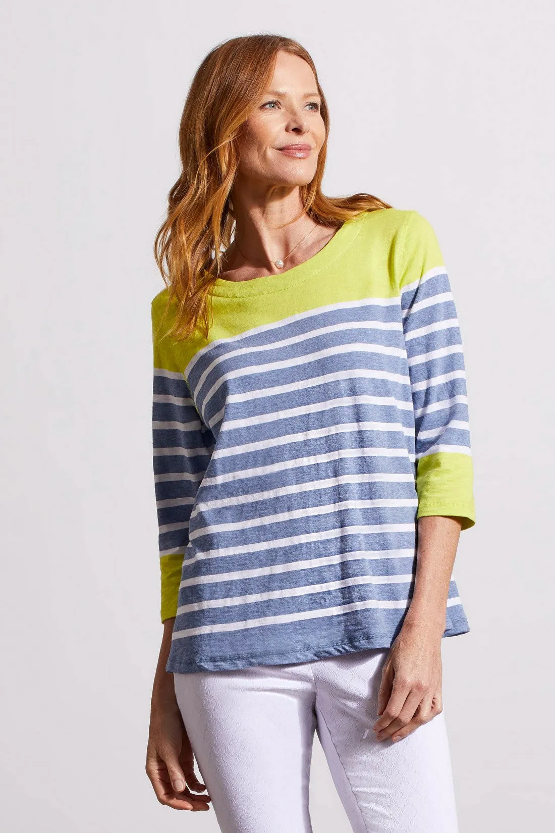 PRINTED COTTON BOATNECK TOP WITH COLOR BLOCK-Lime sold by Tribal