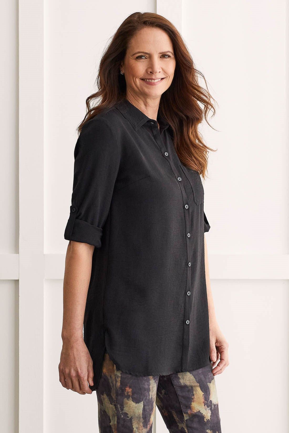 Pebbled Crepe Roll-Sleeve Tunic Shirt-Black sold by Tribal product image thumbnail 3