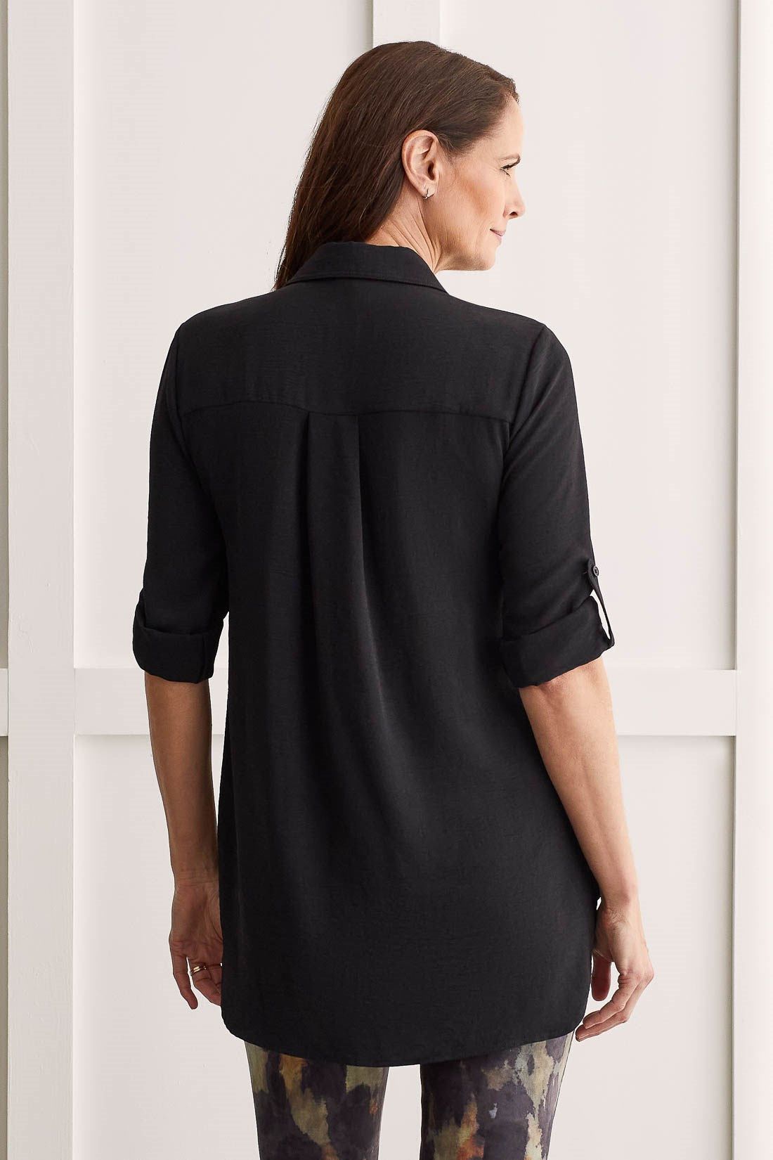 Pebbled Crepe Roll-Sleeve Tunic Shirt-Black sold by Tribal product image thumbnail 4