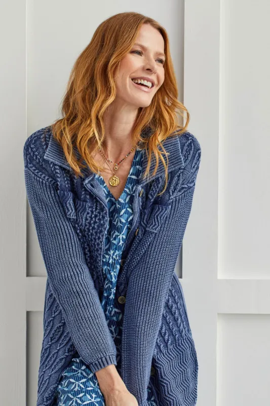 PATCHWORK KNIT SHACKET WITH CONTRAST BUTTONS-Nightfall sold by Tribal