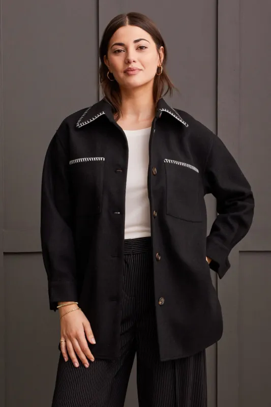 Button-Up Coat With Blanket Stitching-Black sold by Tribal