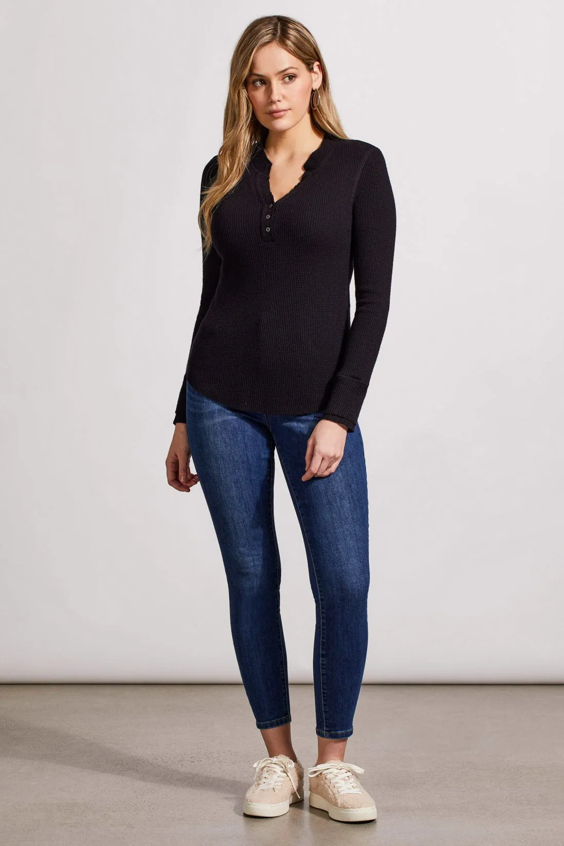 SOFT WASHED WAFFLE HENLEY TOP WITH BUTTONS-Black sold by Tribal