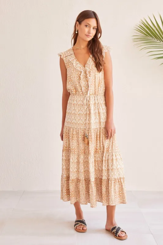 PRINTED V-NECK DRESS WITH DRAWCORD WAIST-Caramel sold by Tribal