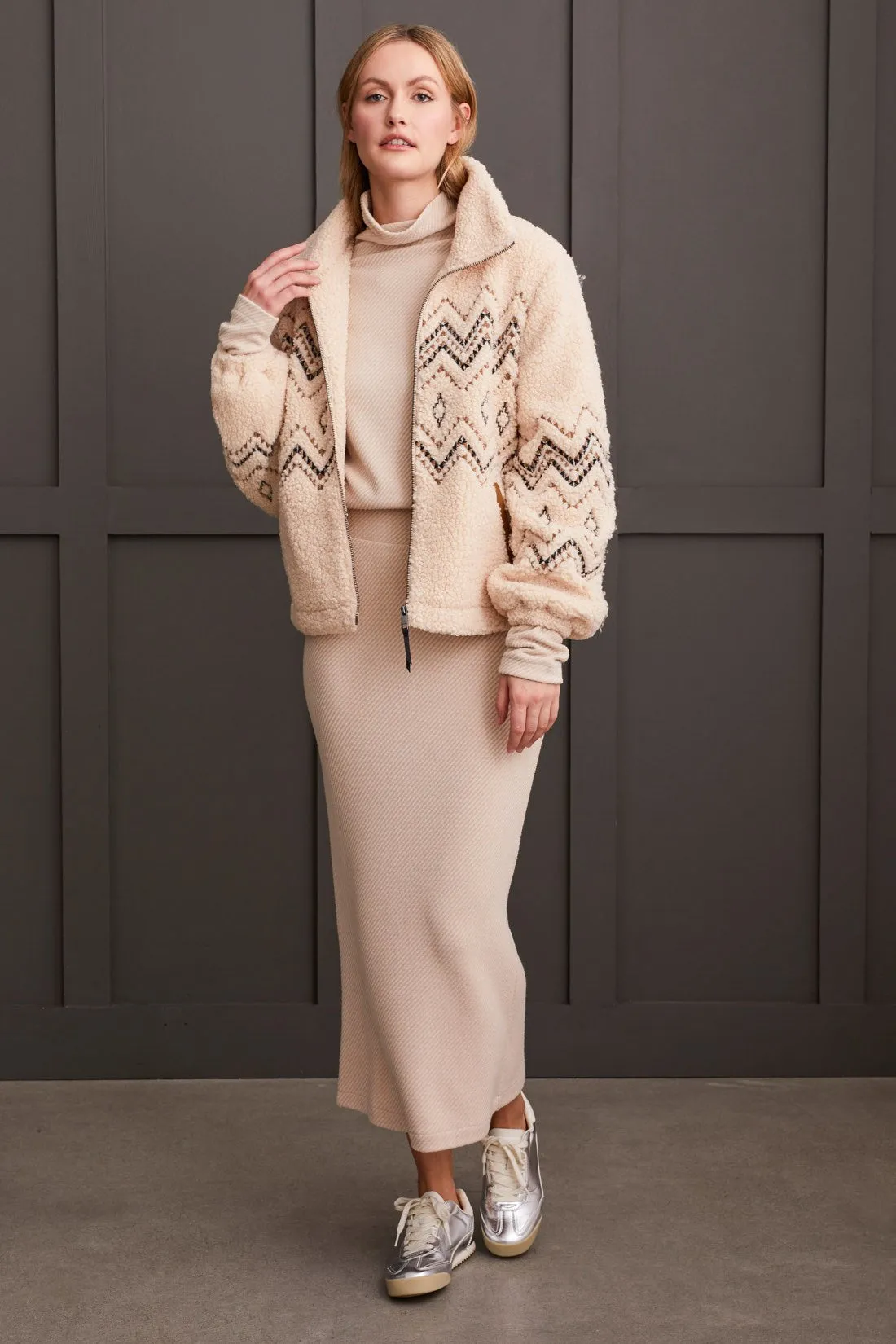 LINED BOUCLE SHERPA JACKET WITH EMBROIDERY-Latte sold by Tribal