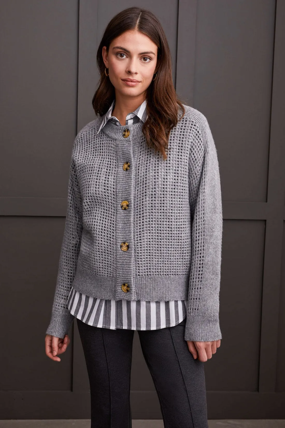 OPEN KNIT LONG SLEEVE CREW NECK SWEATER CARDIGAN-Grey mix sold by Tribal