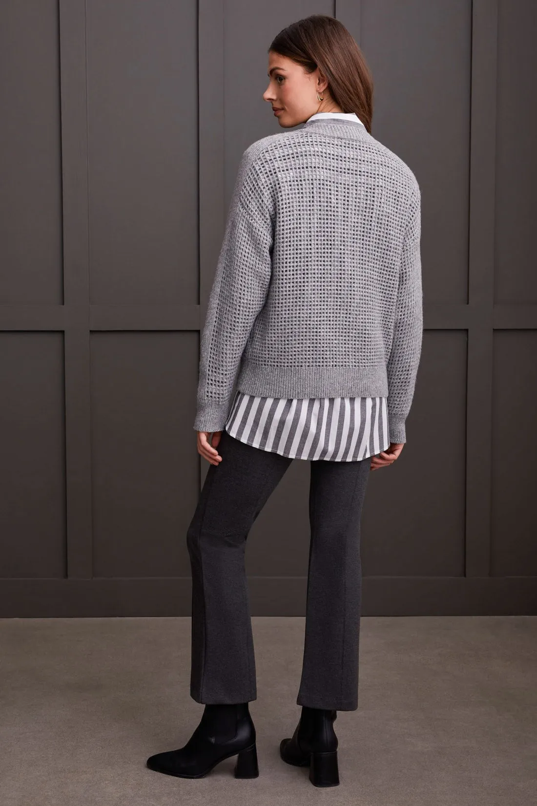 OPEN KNIT LONG SLEEVE CREW NECK SWEATER CARDIGAN-Grey mix sold by Tribal product image thumbnail 3