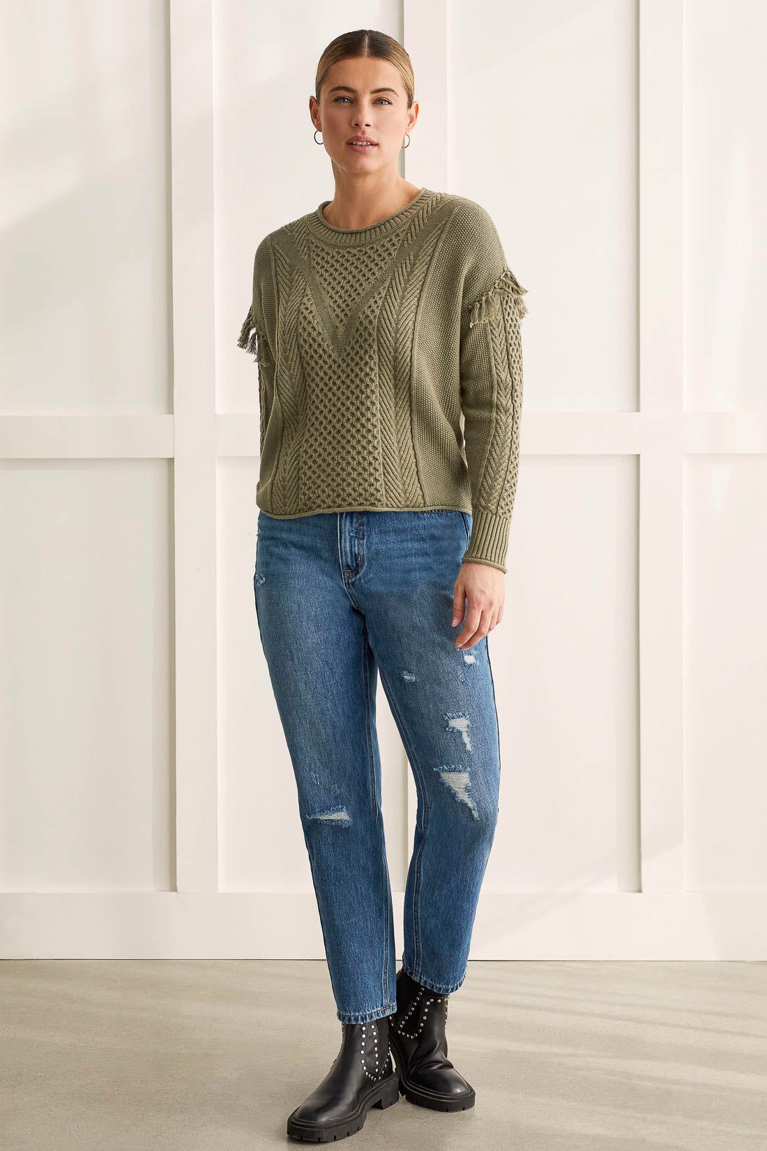 COTTON CABLE KNIT SWEATER WITH FRINGE DETAIL-H.forest sold by Tribal product image thumbnail 2