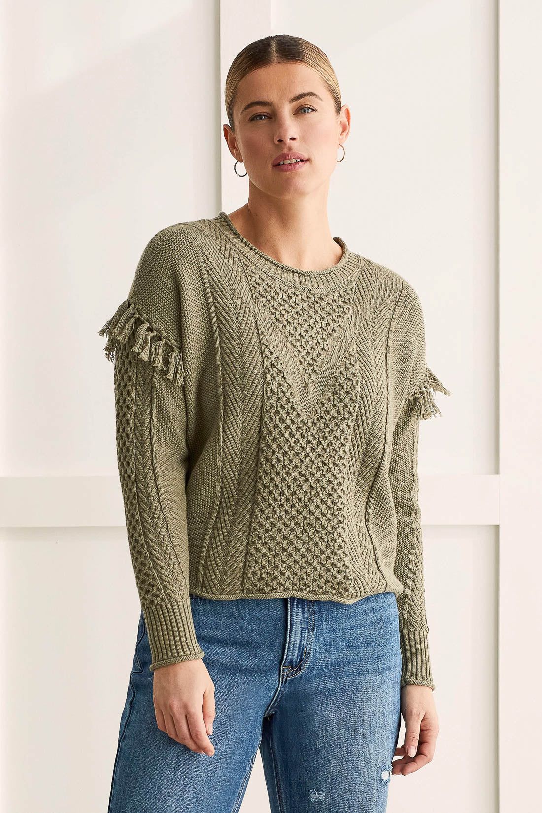 COTTON CABLE KNIT SWEATER WITH FRINGE DETAIL-H.forest sold by Tribal