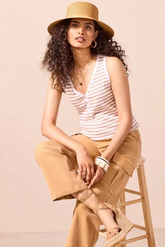 STRIPED COTTON HENLEY TANK TOP-Caramel stripe sold by Tribal