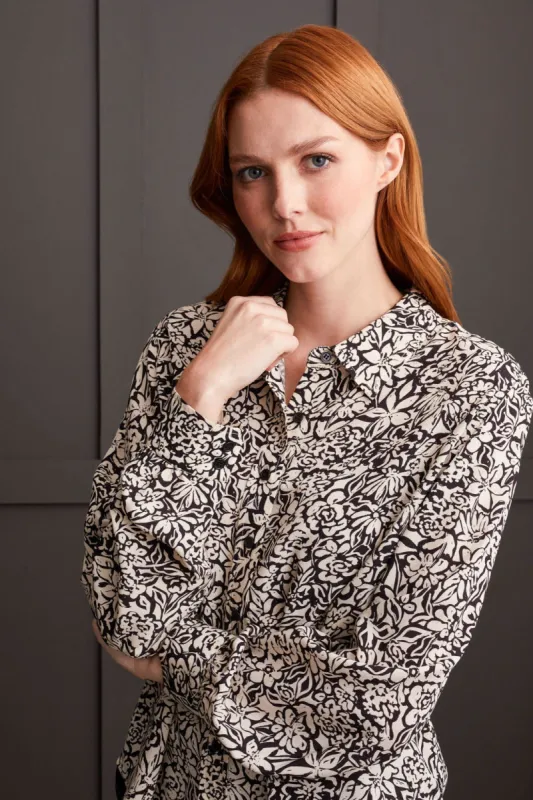 PRINTED CHALLIS BLOUSE WITH SHIRT COLLAR-Black sold by Tribal