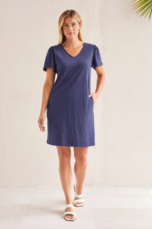 COTTON FLUTTER SLEEVE DRESS WITH POCKETS-Jet blue sold by Tribal