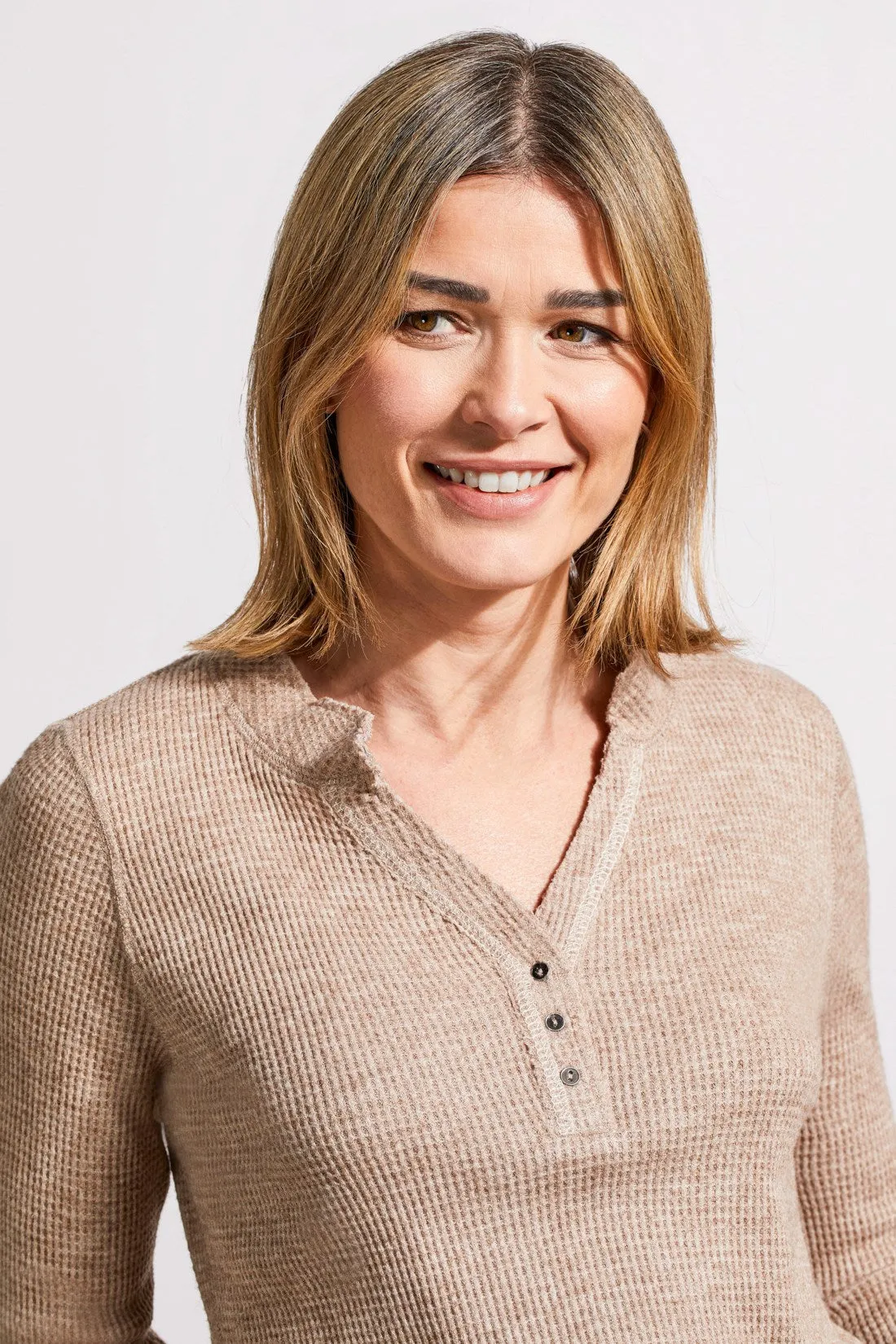 SOFT WASHED WAFFLE HENLEY TOP WITH BUTTONS-Oatmeal sold by Tribal product image thumbnail 2