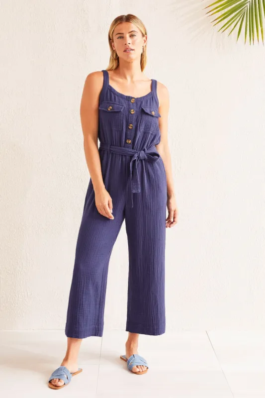 COTTON GAUZE BELTED JUMPSUIT-Nautical sold by Tribal
