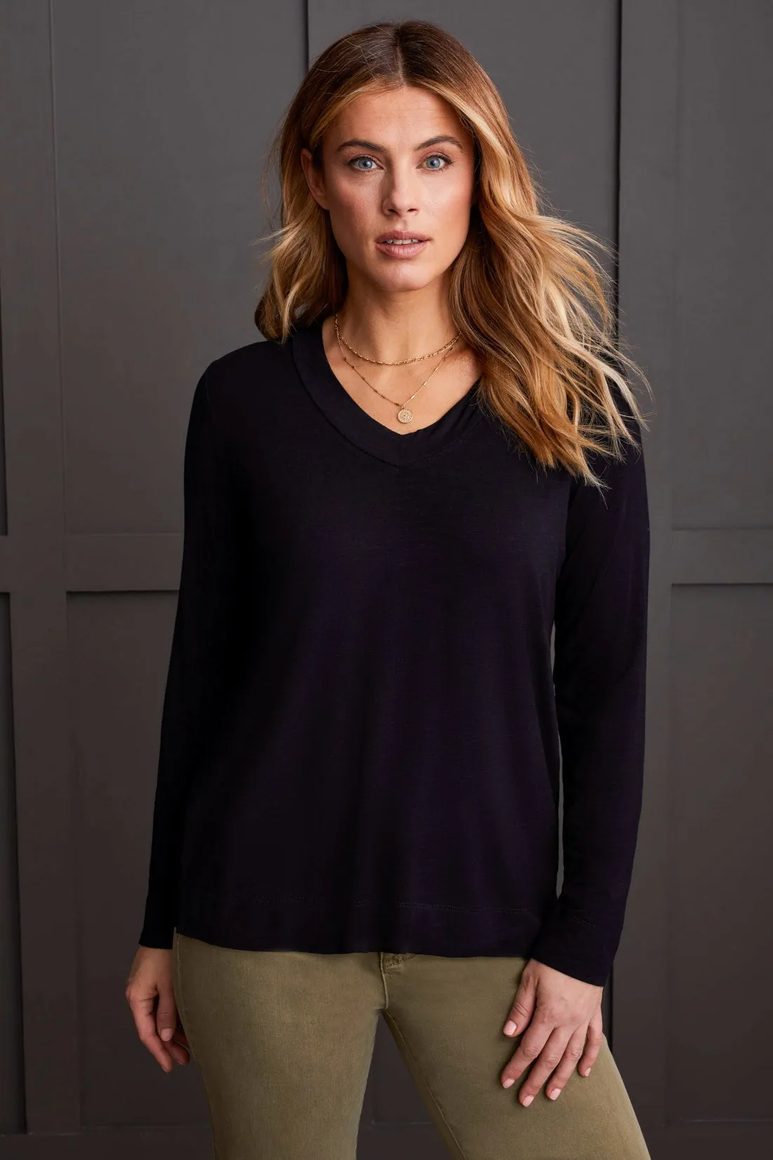 Long-Sleeve V-Neck Top With Side Slits-Black sold by Tribal