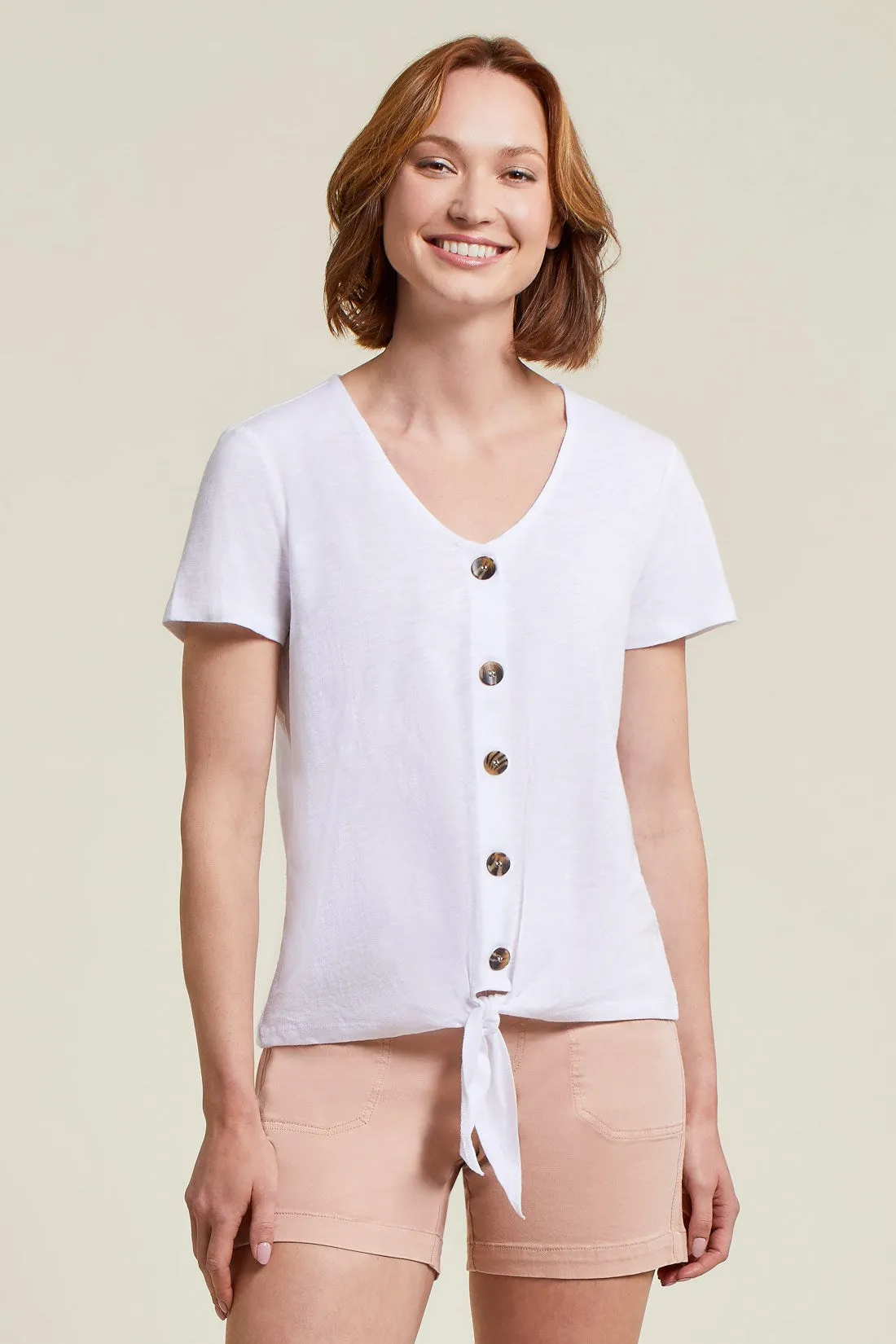 BUTTON KNOT-HEM TOP-White sold by Tribal