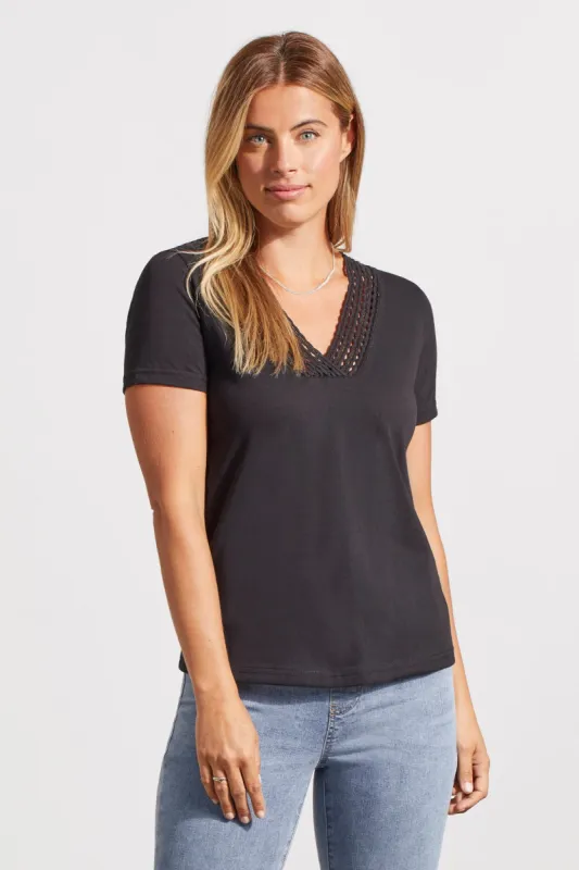 V-NECK TOP WITH CROCHET TRIM-Black sold by Tribal
