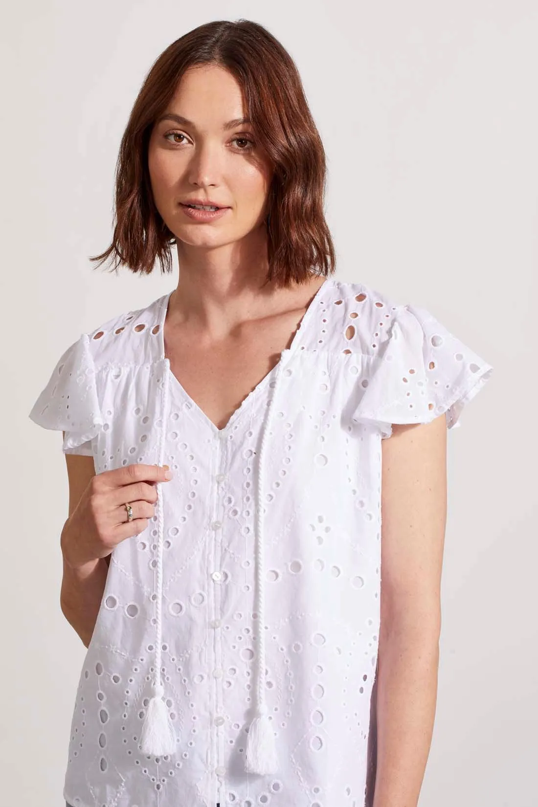 CAP SLEEVE BLOUSE WITH EYELET EMBROIDERY-White sold by Tribal product image thumbnail 2