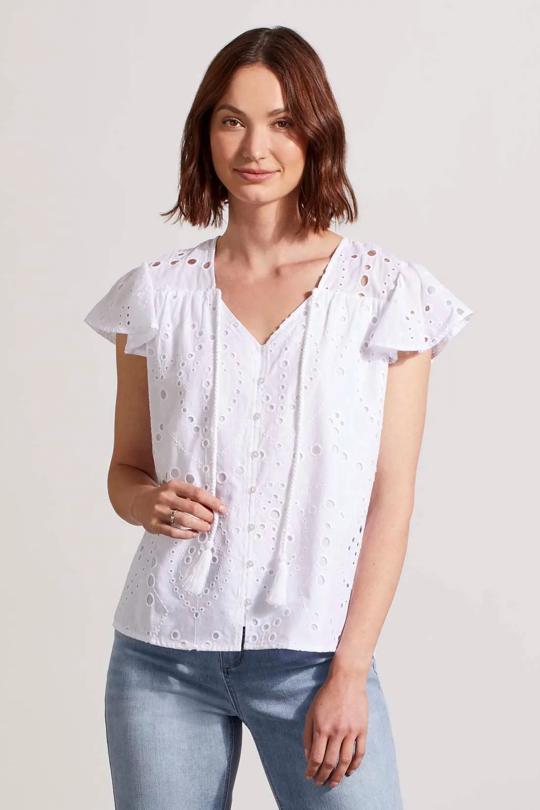 CAP SLEEVE BLOUSE WITH EYELET EMBROIDERY-White sold by Tribal product image thumbnail 3