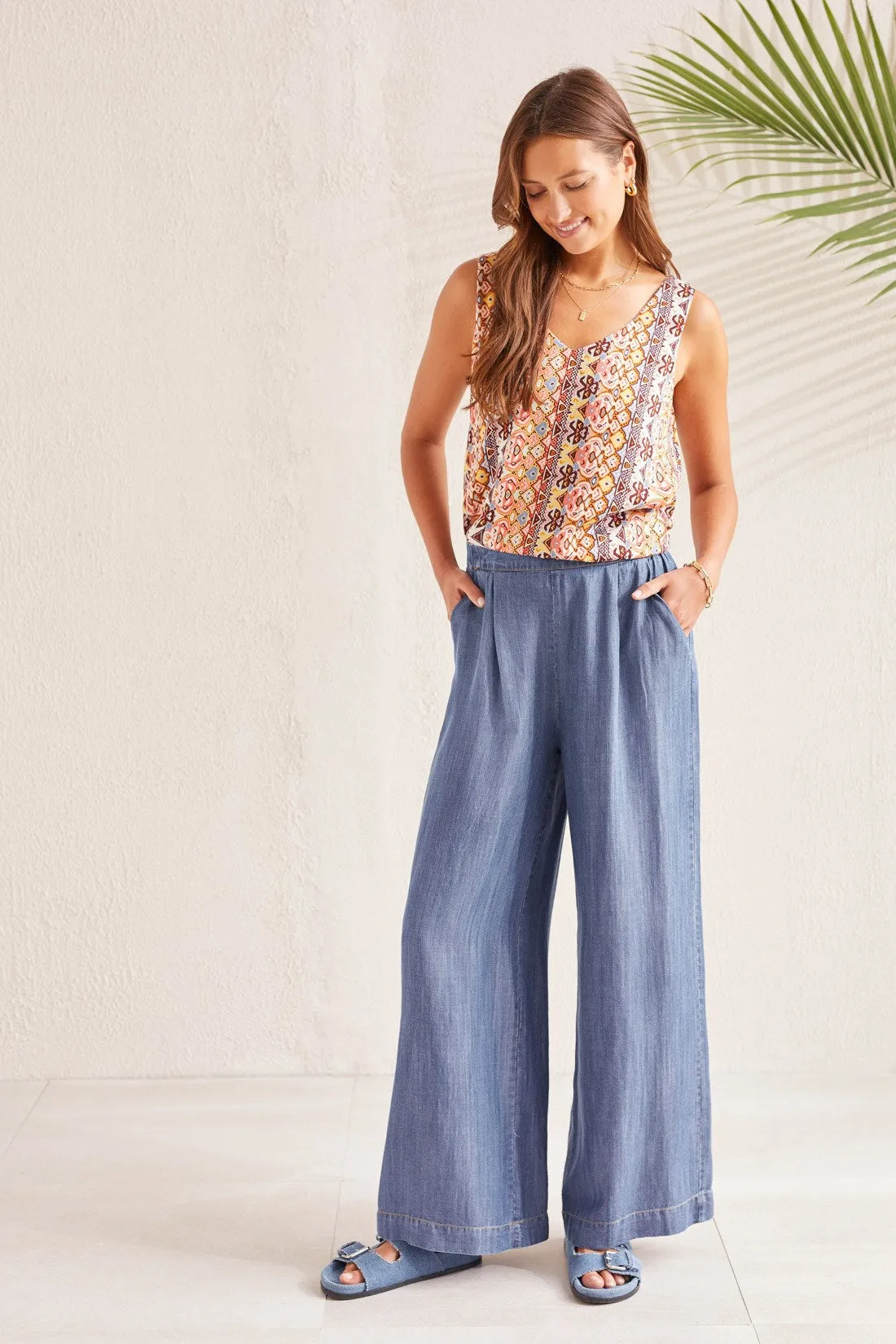 FLOWY PULL-ON WIDE LEG PANT-Dk. chambray sold by Tribal