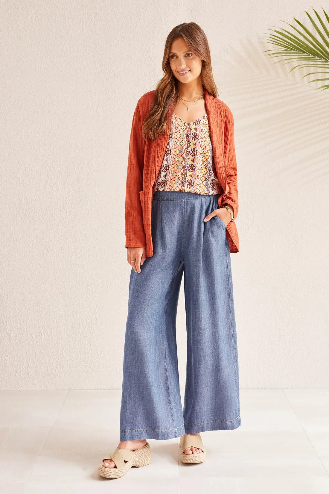 FLOWY PULL-ON WIDE LEG PANT-Dk. chambray sold by Tribal product image thumbnail 4