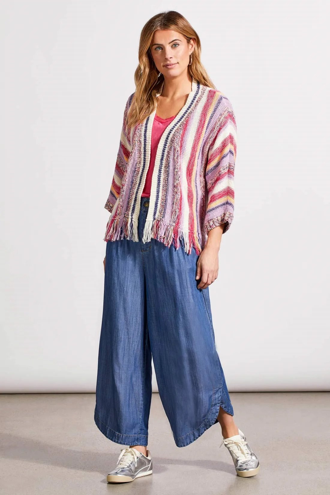 FRINGED HEM CARDIGAN WITH THREE-QUARTER SLEEVES-Creamsicle multi sold by Tribal