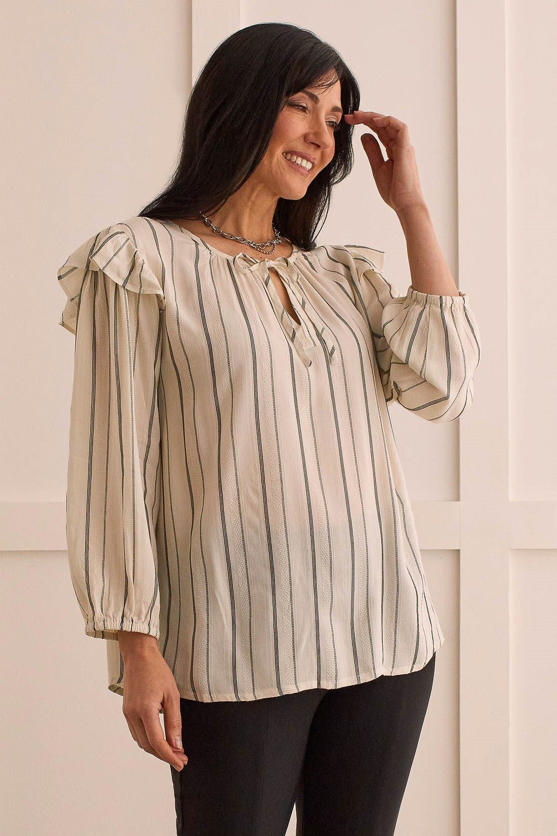 FLOWY BLOUSE WITH SHOULDER RUFFLE-Cream sold by Tribal
