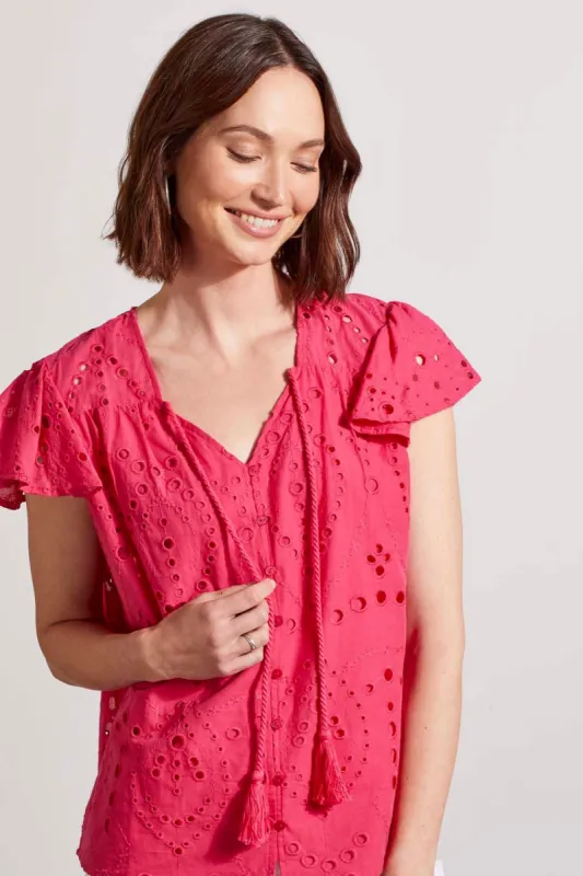 CAP SLEEVE BLOUSE WITH EYELET EMBROIDERY-Raspberry sold by Tribal