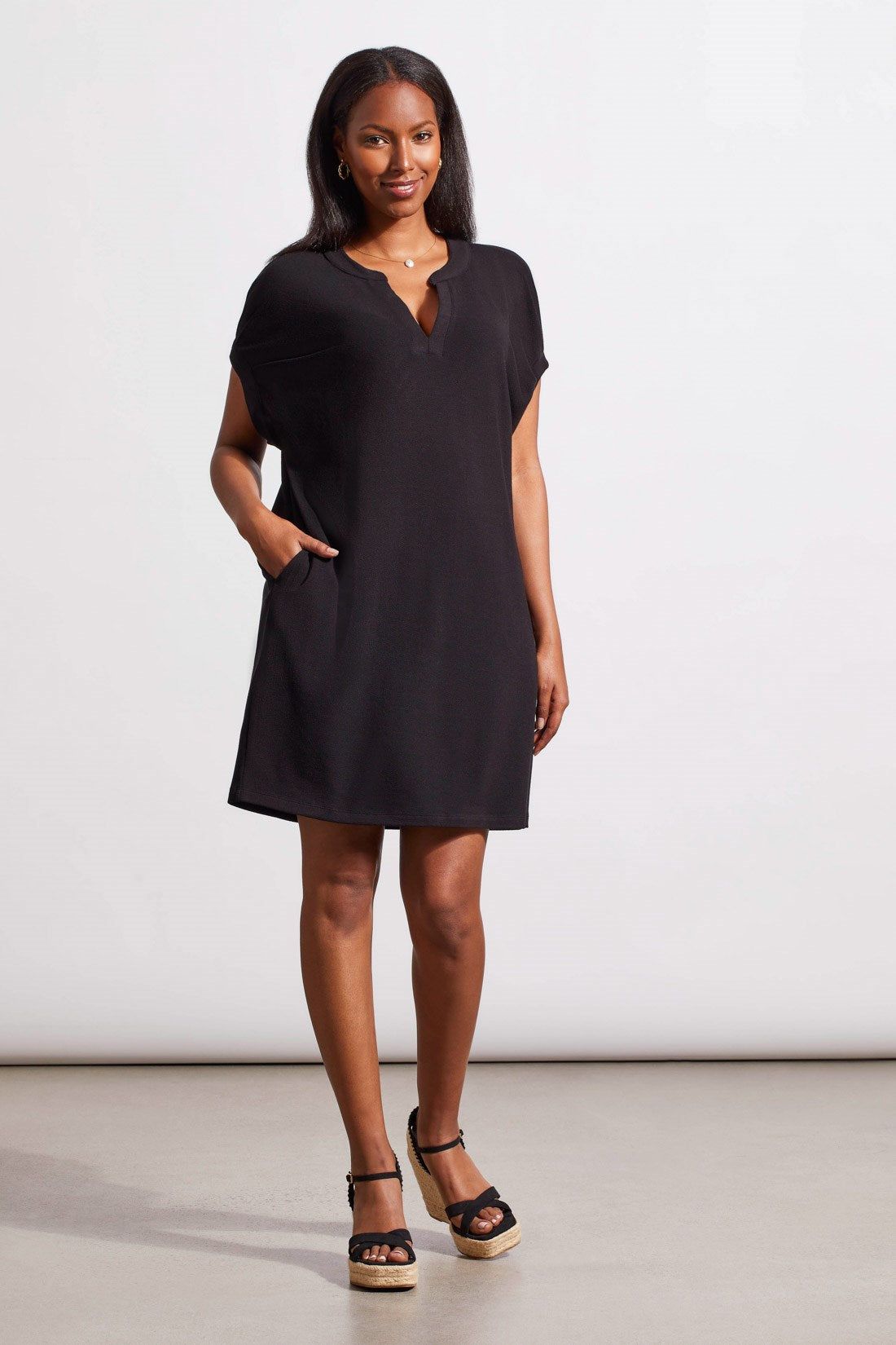 NOTCH NECK SHIFT DRESS WITH POCKETS-Black sold by Tribal