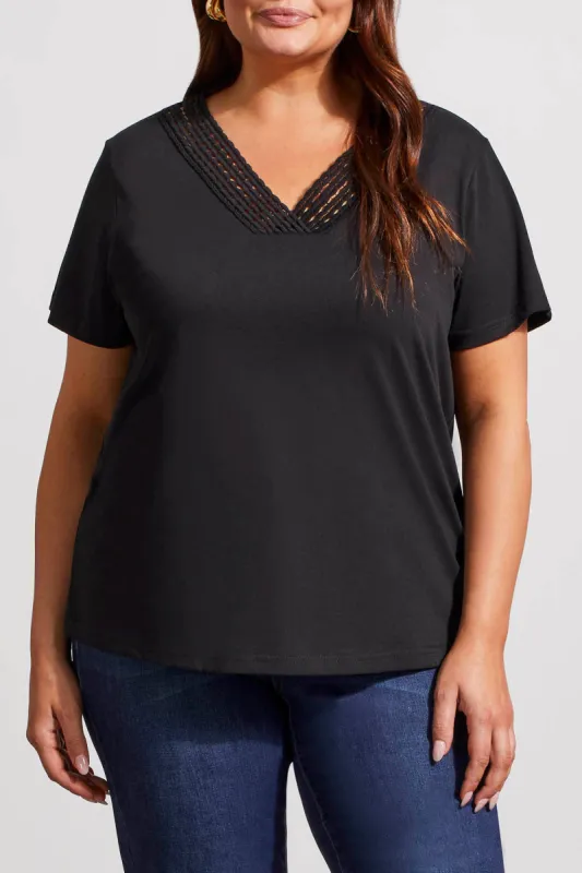 V-NECK TOP WITH CROCHET TRIM-Black sold by Tribal