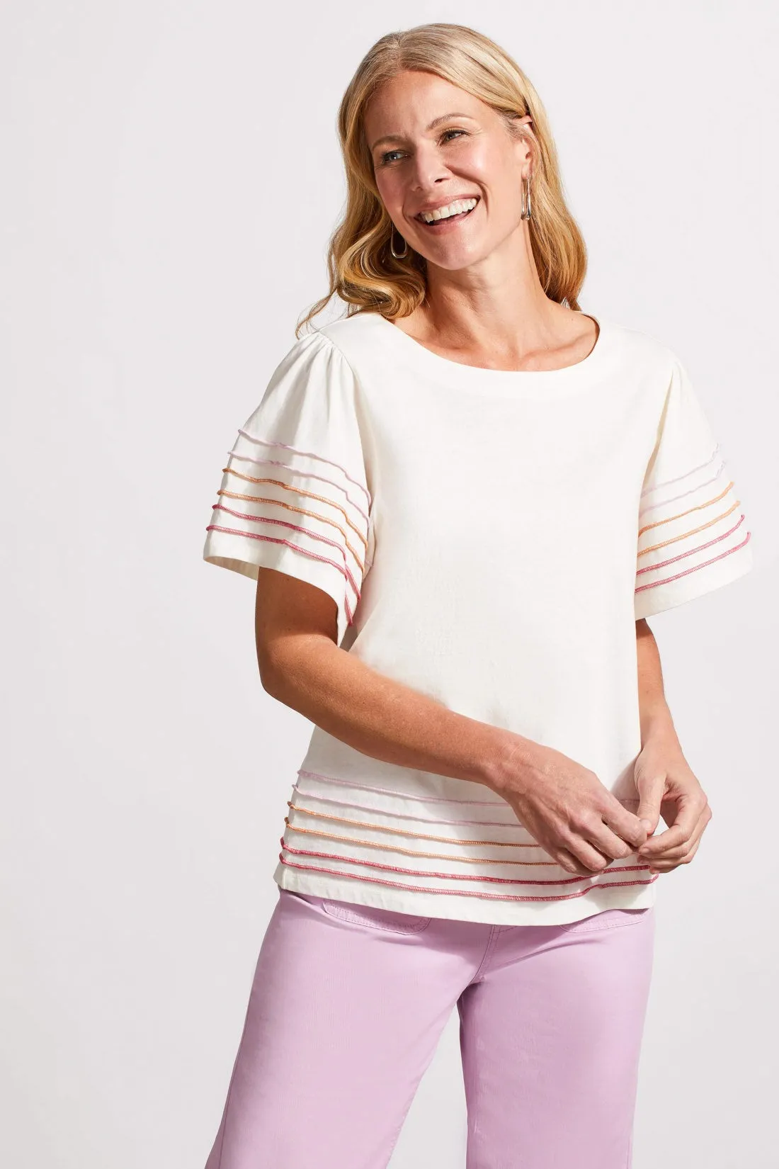 Cotton Boat Neck Flutter Sleeve Top With Contrast Stitching-Eggshell sold by Tribal