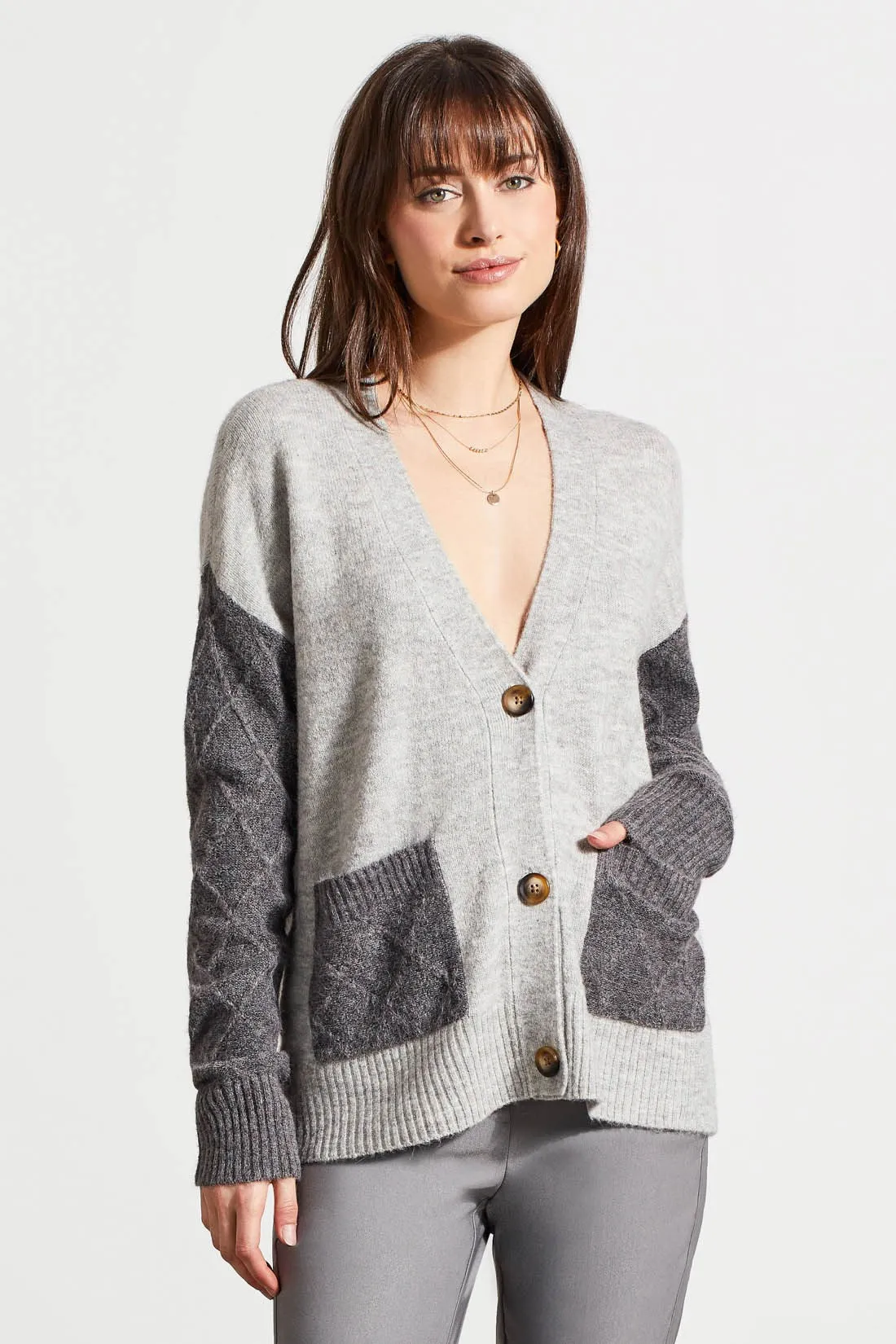 Color Block Drop Shoulder Cardigan With Pockets-Lt.Greymix sold by Tribal