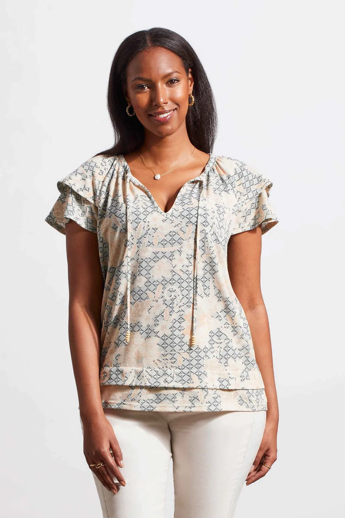 PRINTED PEASANT TOP WITH DOUBLE-FRILL SLEEVES-Peach sun sold by Tribal