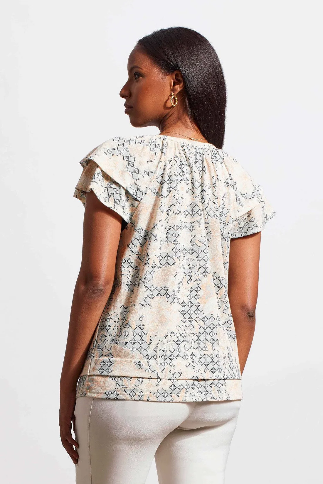 PRINTED PEASANT TOP WITH DOUBLE-FRILL SLEEVES-Peach sun sold by Tribal product image thumbnail 2