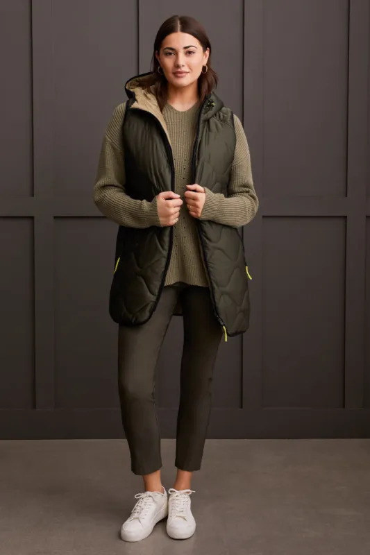 REVERSIBLE HOODED PUFFER VEST WITH HI-LOW HEM-Spinach sold by Tribal