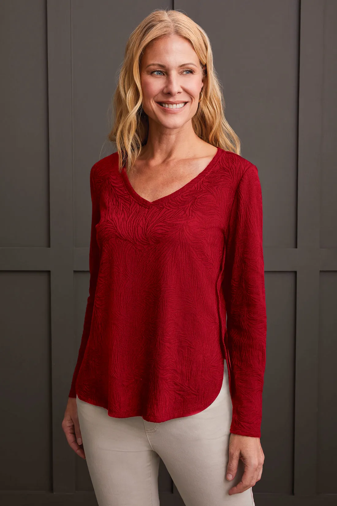 Jacquard Knit Top With Curved Hem-Scarlet sold by Tribal