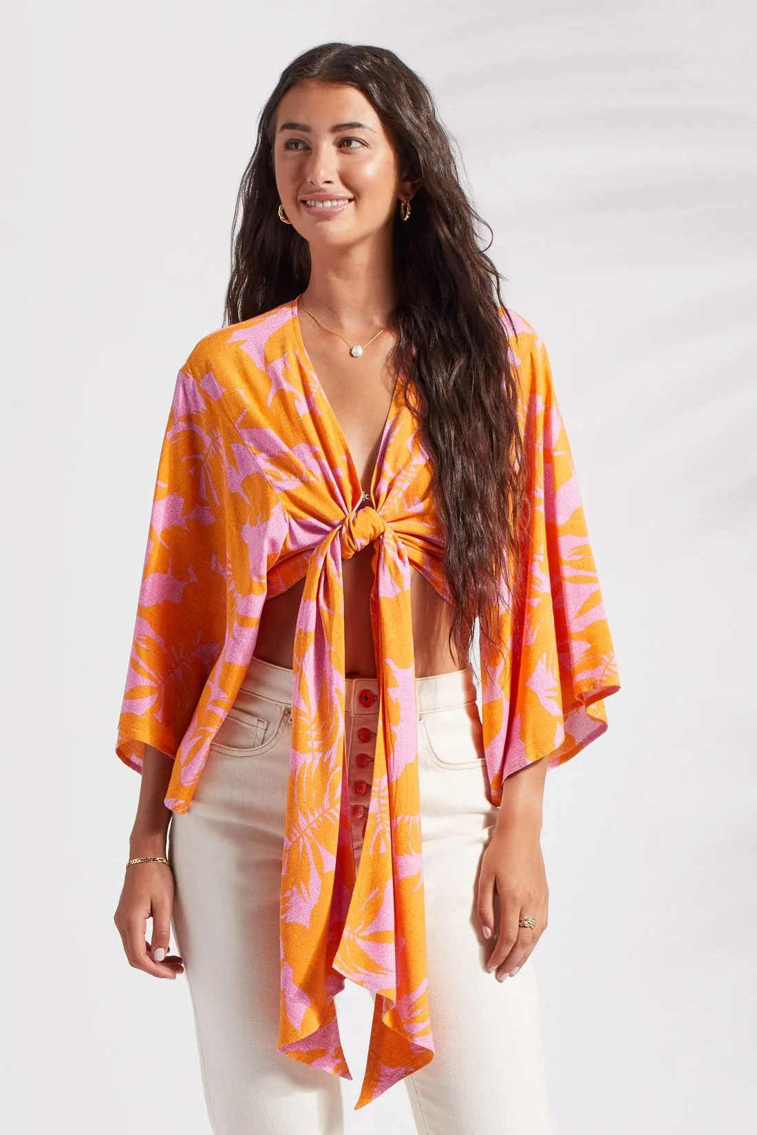 PRINTED KIMONO TOP WITH FRONT TIE-Canary sold by Tribal