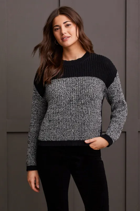 Long Sleeve Crew Neck Colorblock Sweater-Black sold by Tribal