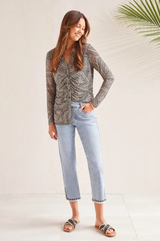 AUDREY PULL-ON JEANS WITH EMBROIDERED SIDE SLITS-Lt breeze blue sold by Tribal