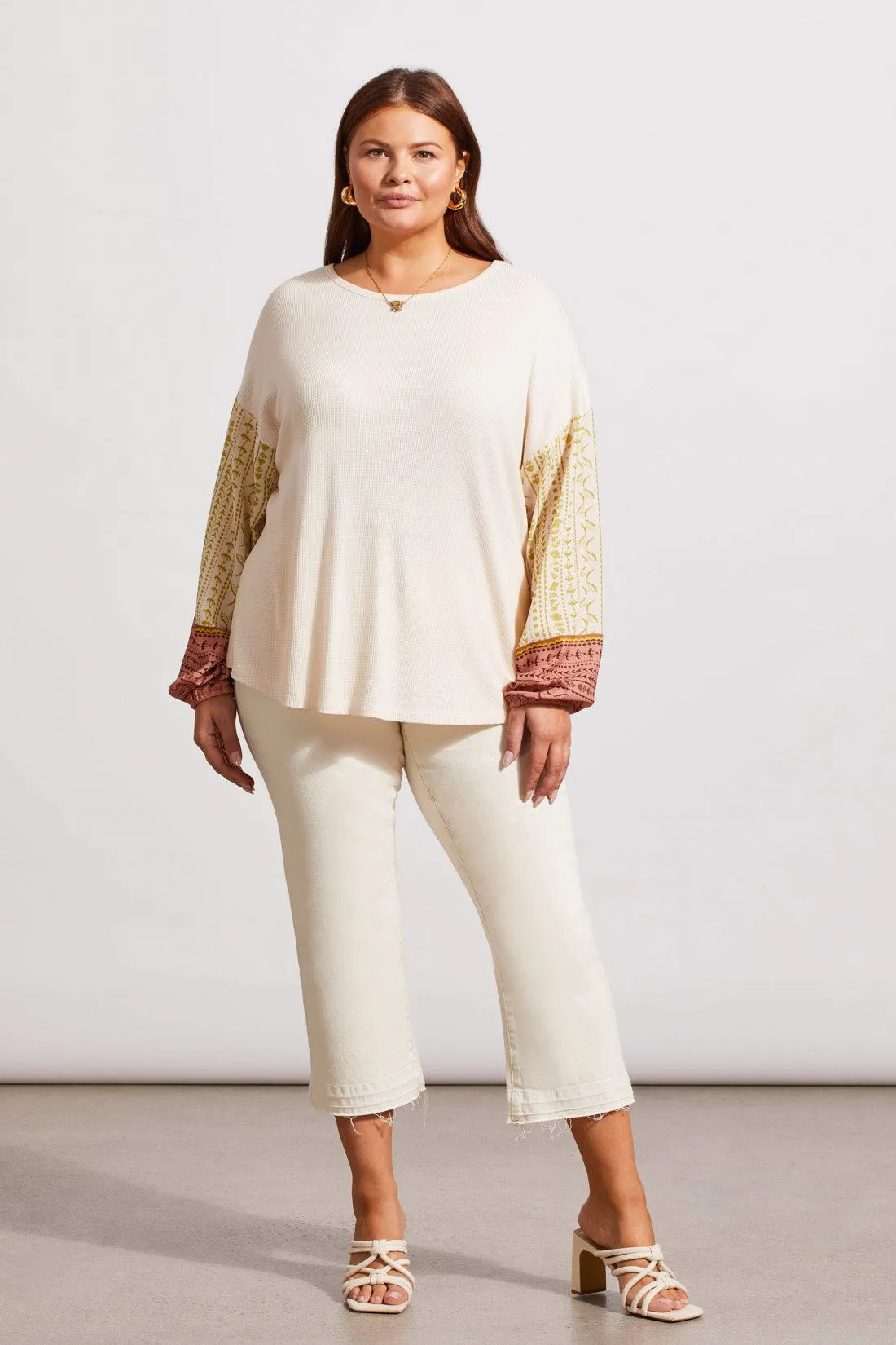 DROP SHOULDER TOP WITH COMBO PRINT SLEEVE-Sandust sold by Tribal