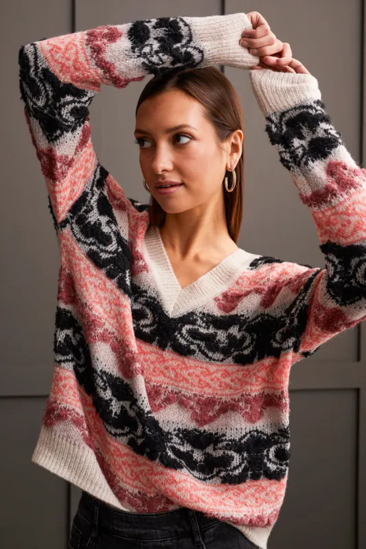 Looped Yarn V-Neck Sweater-Eggshell Multi sold by Tribal