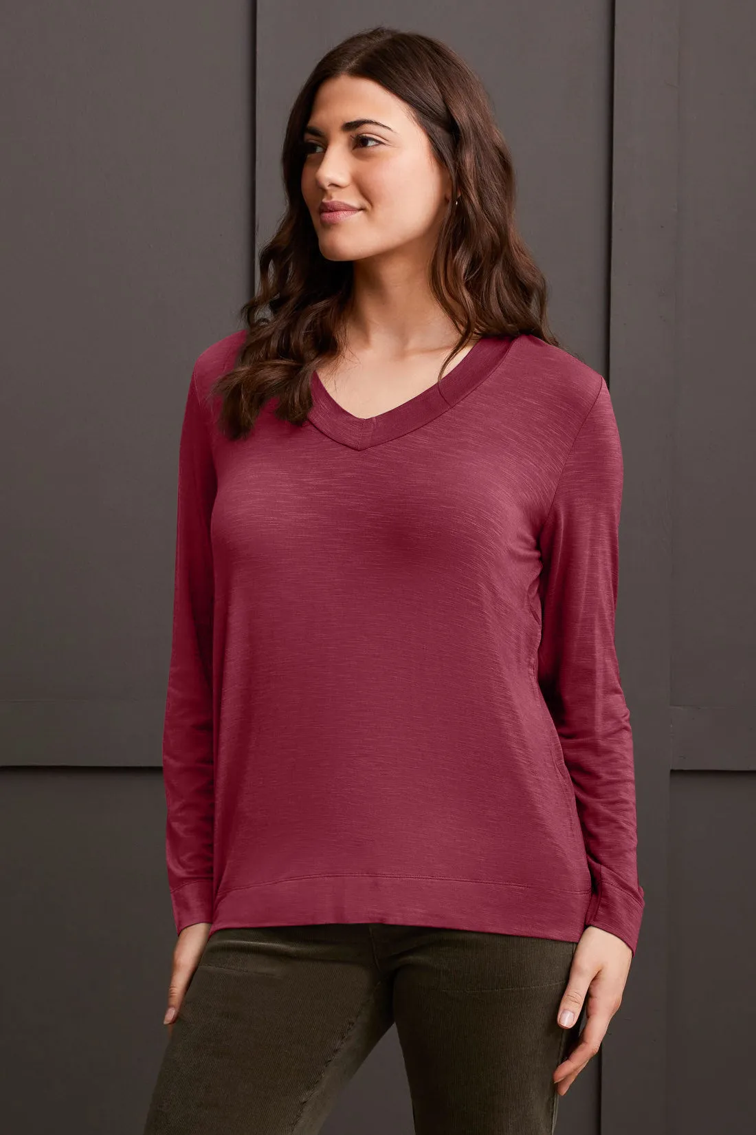 Long-Sleeve V-Neck Top With Side Slits-Bordeaux sold by Tribal