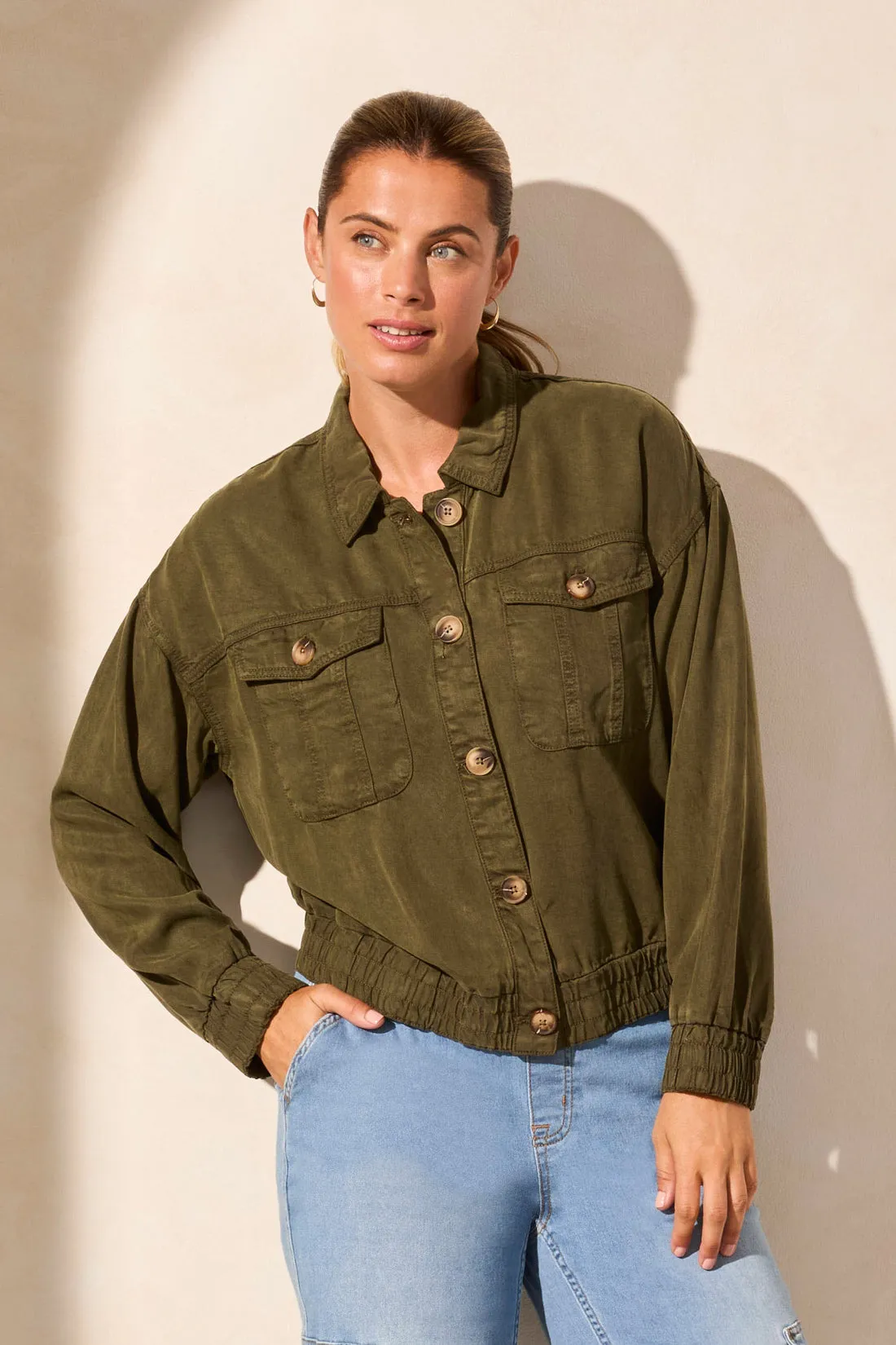 Casual Lyocell Jacket With Elastic Waist-Olive sold by Tribal