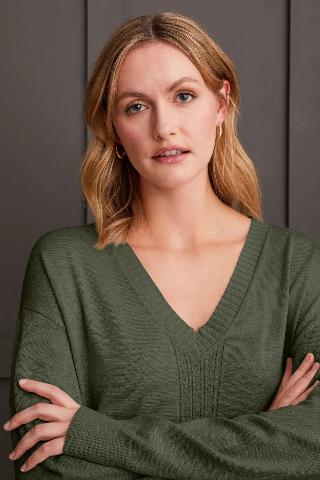 Long Sleeve V-Neck Sweater With Cable Knit Detail-Spinach sold by Tribal product image thumbnail 2