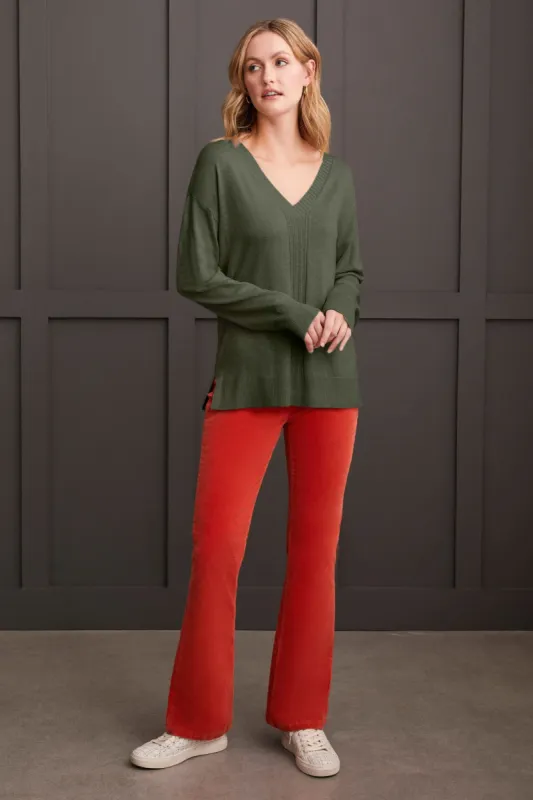 Long Sleeve V-Neck Sweater With Cable Knit Detail-Spinach sold by Tribal