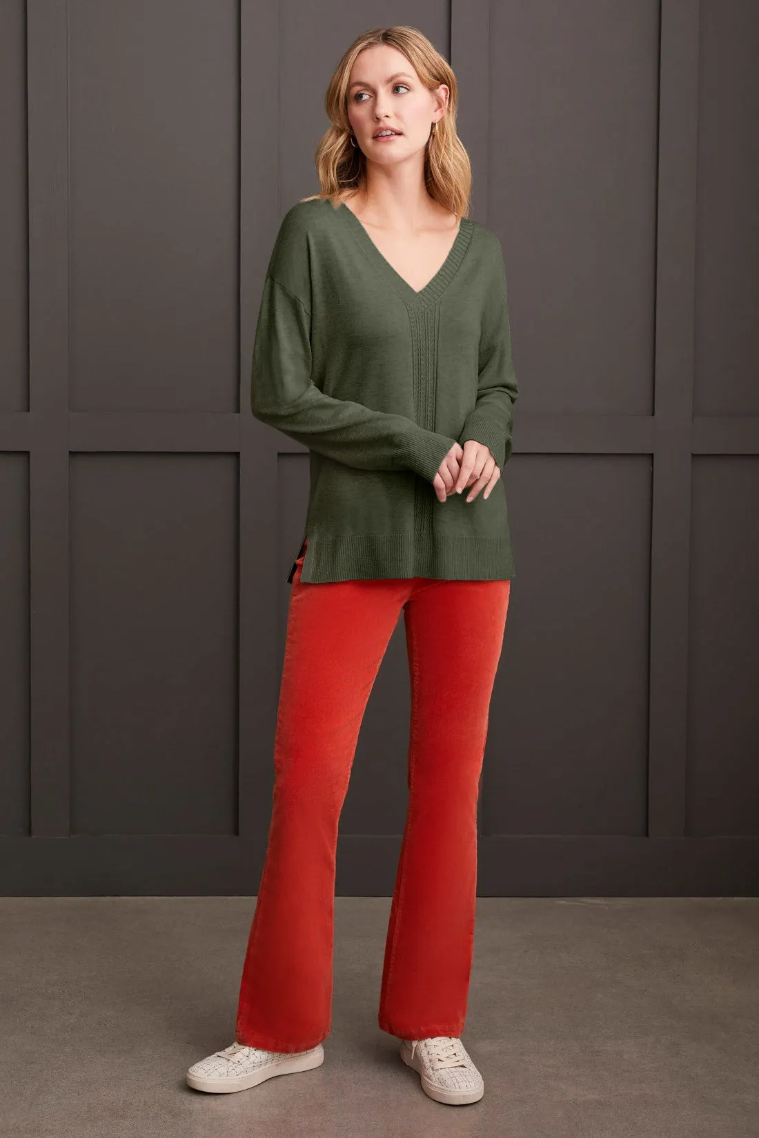 Long Sleeve V-Neck Sweater With Cable Knit Detail-Spinach sold by Tribal