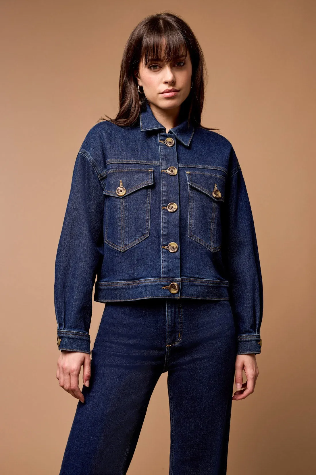 Blue Thread Waist Length Denim Jacket With Oversized Pockets-Dk. Denim sold by Tribal
