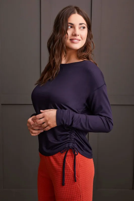French Terry Crew Neck Top With Side Ruching-Night Sky made by Tribal