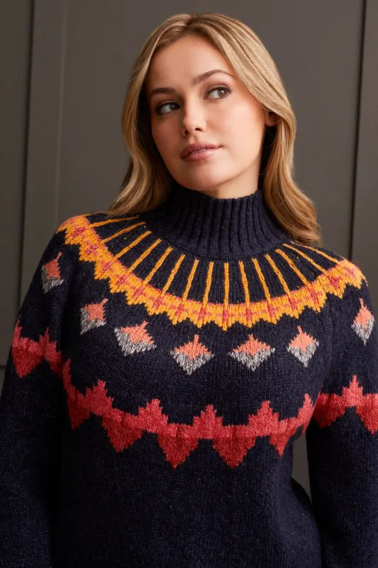 NOVELTY YARN MOCK NECK INTARSIA SWEATER-Night sky sold by Tribal