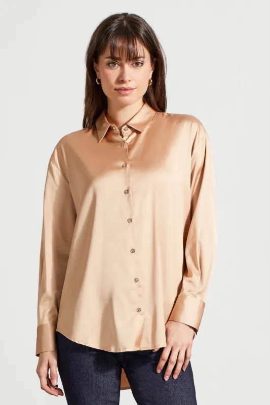 Flowy Satin Button-Up Shirt-Beige sold by Tribal