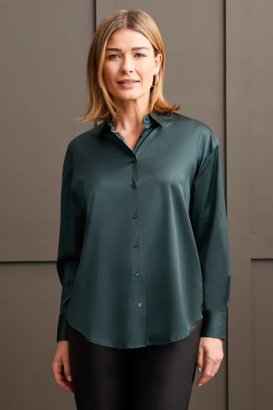Flowy Satin Button-Up Shirt-Alpine Green sold by Tribal